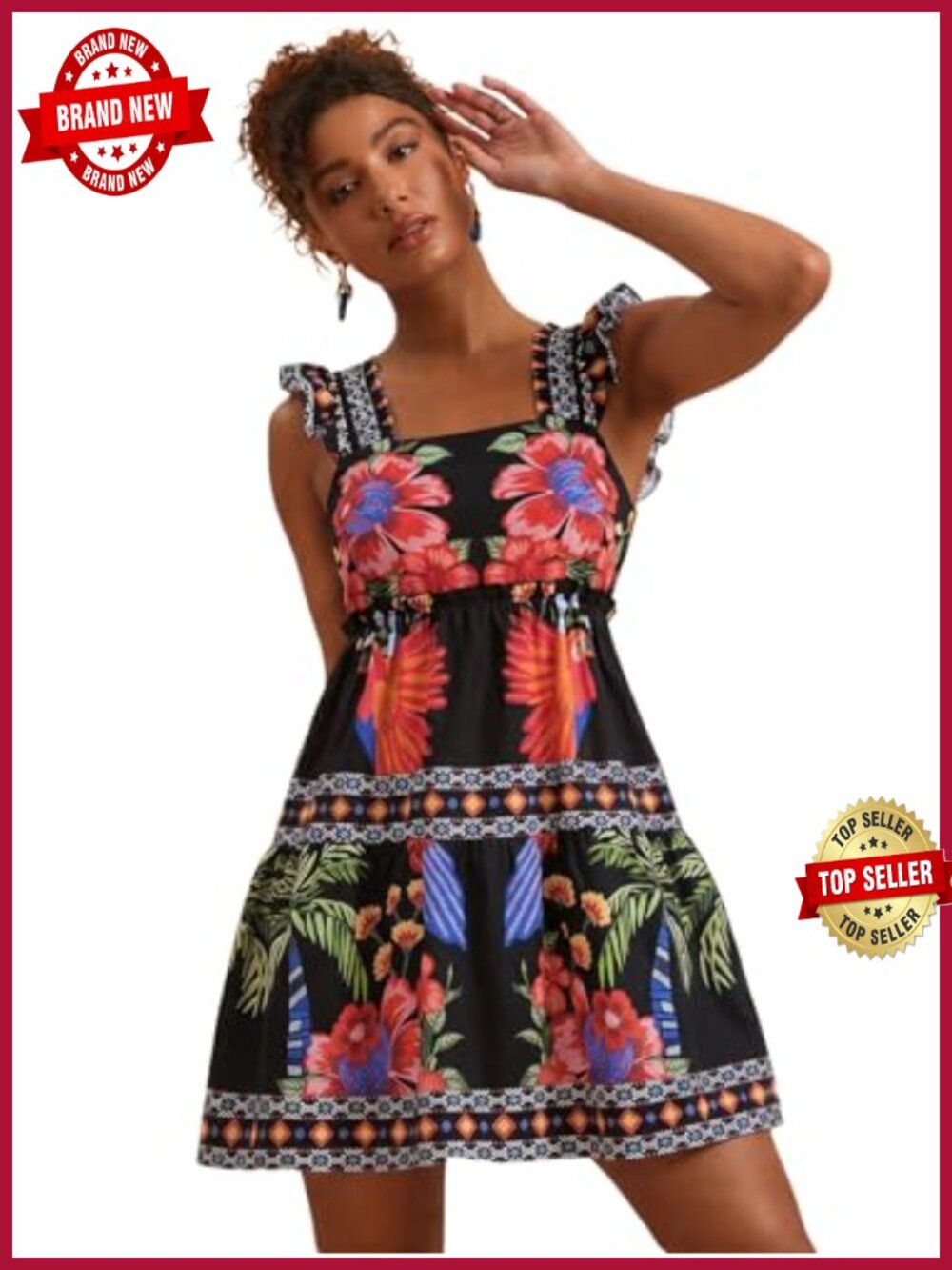 Women's Floral Tropical Graphic Ruffle Sleeveless Square Neck Mini Dress